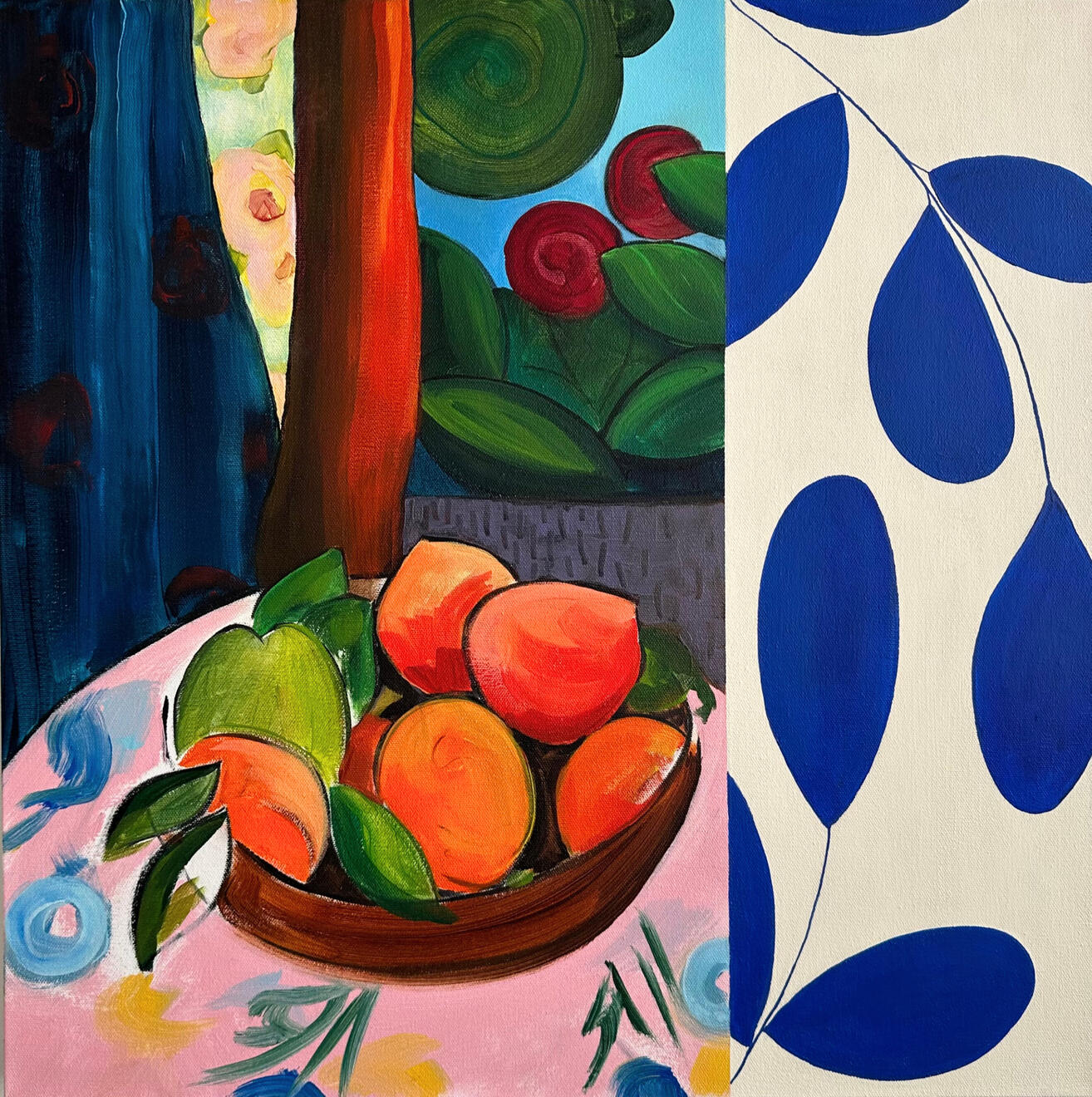 Fruit bowl with blue leaves 2024
